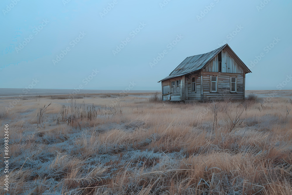 Wooden house on a plain covered with dry grass Wooden house on a plain covered with dry grass