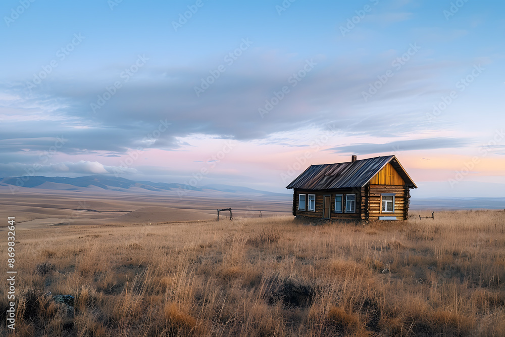 Wooden house on a plain covered with dry grass Wooden house on a plain covered with dry grass