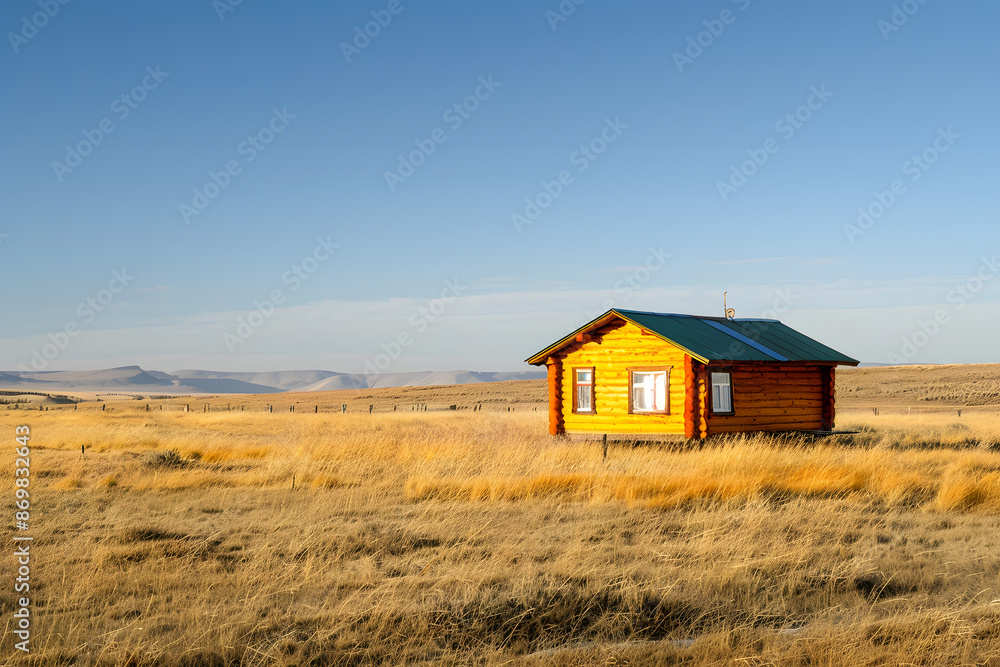 Wooden house on a plain covered with dry grass Wooden house on a plain covered with dry grass