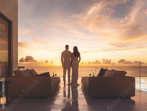 Attractive couple enjoying a sunset view from a private terrace, with a minimalist backdrop of sky and ocean, both dressed in evening wear, highlighting the romance and exclusivity of luxury living 