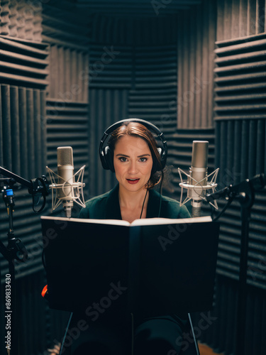 Professional Audiobook Recording Studio with a Skilled Narrator, High-Quality Sound Equipment