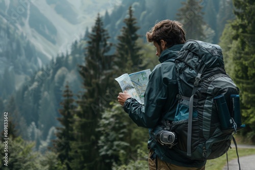 Wallpaper Mural Backpacker standing at a trailhead, consulting a map with a determined look, with a forest path stretching out ahead and the promise of adventure in the air  Torontodigital.ca