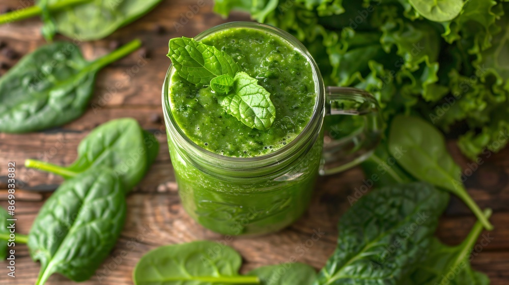 A vibrant green spinach and kale smoothie served in a mason jar, topped with a sprig of mint, set against a wooden kitchen table with fresh spinach and kale leaves scattered around