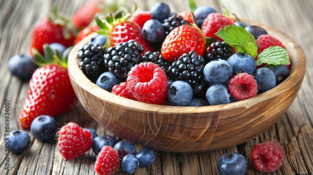 A vibrant mix of berries in a wooden bowl, including strawberries, raspberries, blueberries, and blackberries, with a few leaves for contrast A vibrant mix of berries in a wooden bowl, including strawberries, raspberries, blueberries, and blackberries, with a few leaves for contrast