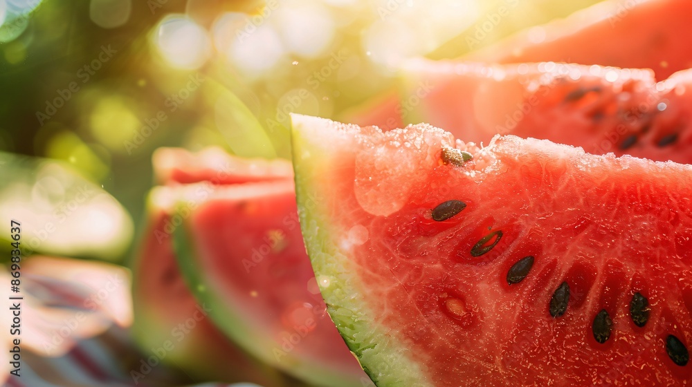 Close-up shot of freshly sliced watermelon, with its bright red flesh and black seeds glistening in the sunlight, set against a summer picnic backdrop