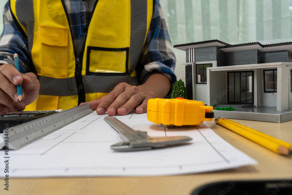 Professional team of architects and engineers discuss architectural project on conference table with hard hats, wooden blocks and architectural documents scattered around. Close-up. Drawing. Professional team of architects and engineers discuss architectural project on conference table with hard hats, wooden blocks and architectural documents scattered around. Close-up. Drawing.