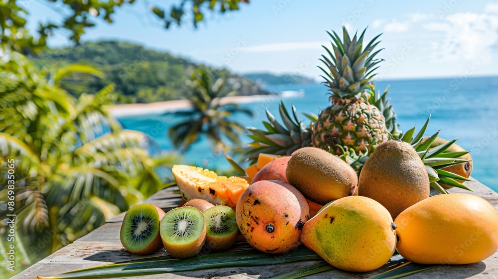 Tropical fruit assortment on a wooden table, including pineapples, mangos, kiwis, and papayas, with a seaside view in the background Tropical fruit assortment on a wooden table, including pineapples, mangos, kiwis, and papayas, with a seaside view in the background