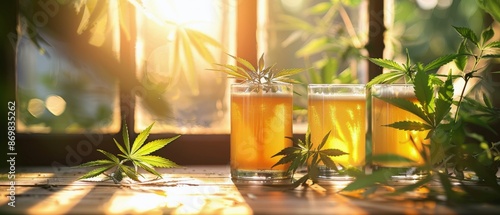 A Pint of Beer With Marijuana Leaves on a Wooden Table at Sunset
