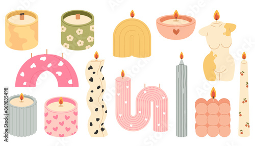 Various Trendy Candles Set. Different shapes and sizes. Pillar, jar candle, square, container candle, body shape candle. Hand drawn trendy Vector set
