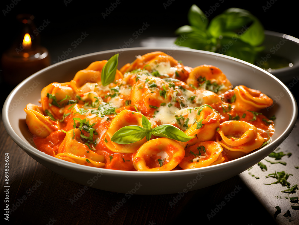 Close up of cooked tortellini garnished with basil and parmesan on dark plate. blurred background Close up of cooked tortellini garnished with basil and parmesan on dark plate. blurred background