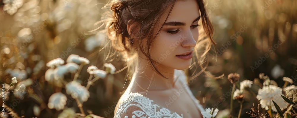A woman with long brown hair and blue eyes is wearing a white dress. She is looking at the camera with a smile on her face. A woman with long brown hair and blue eyes is wearing a white dress. She is looking at the camera with a smile on her face.