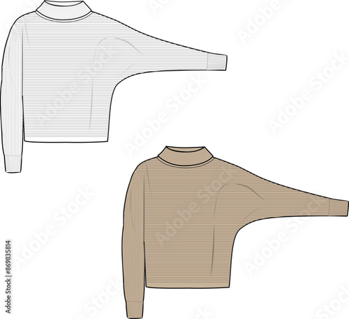 Women's High Neck Batwing Jumper. Technical fashion illustration. Front, white and beige color. Women's CAD mock-up.