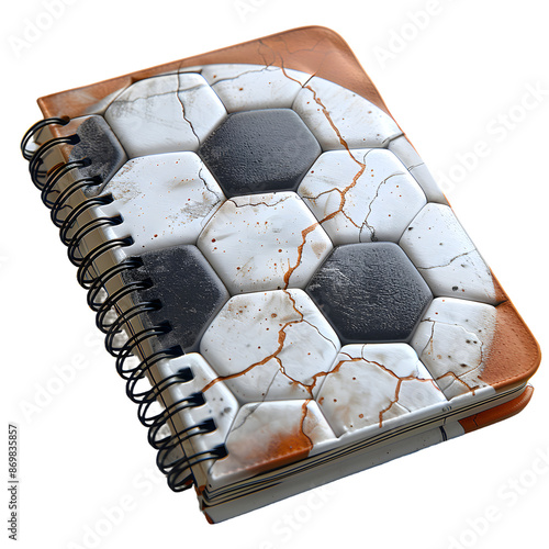 school notebook with design on the cover of a soccer, with transparent background, back to school.