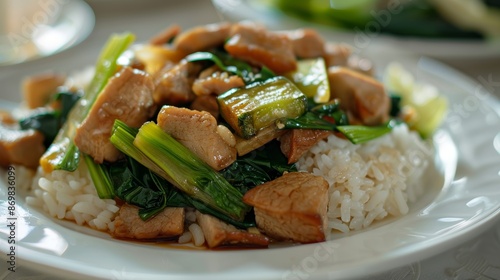 Thai cuisine, Rice, crispy pork, and stir-fried greens with a chosen emphasis. Delicious Thai meal, close-up of Kana Moo Krob photo