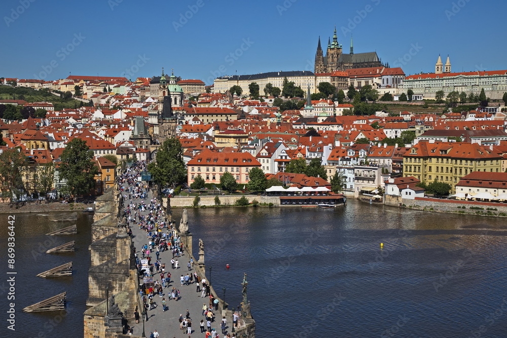 Fototapeta premium View of Prague Castle, Lesser Town and Charles Bridge in Prague,Czech Republic,Europe 