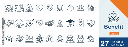 Benefit line icon big set. Reward, bonus, A Helping Hand, Heart Shape, star, winner, award etc. Editable stroke