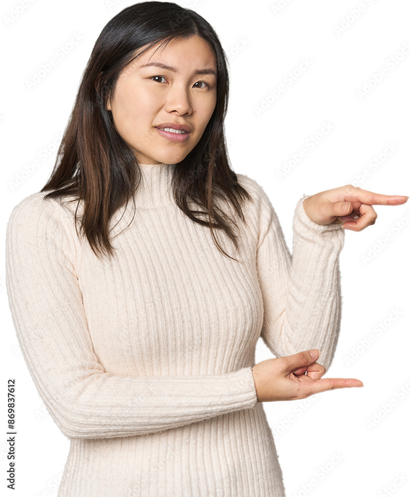 Young Chinese woman shocked pointing with index fingers to a copy space. Young Chinese woman shocked pointing with index fingers to a copy space.
