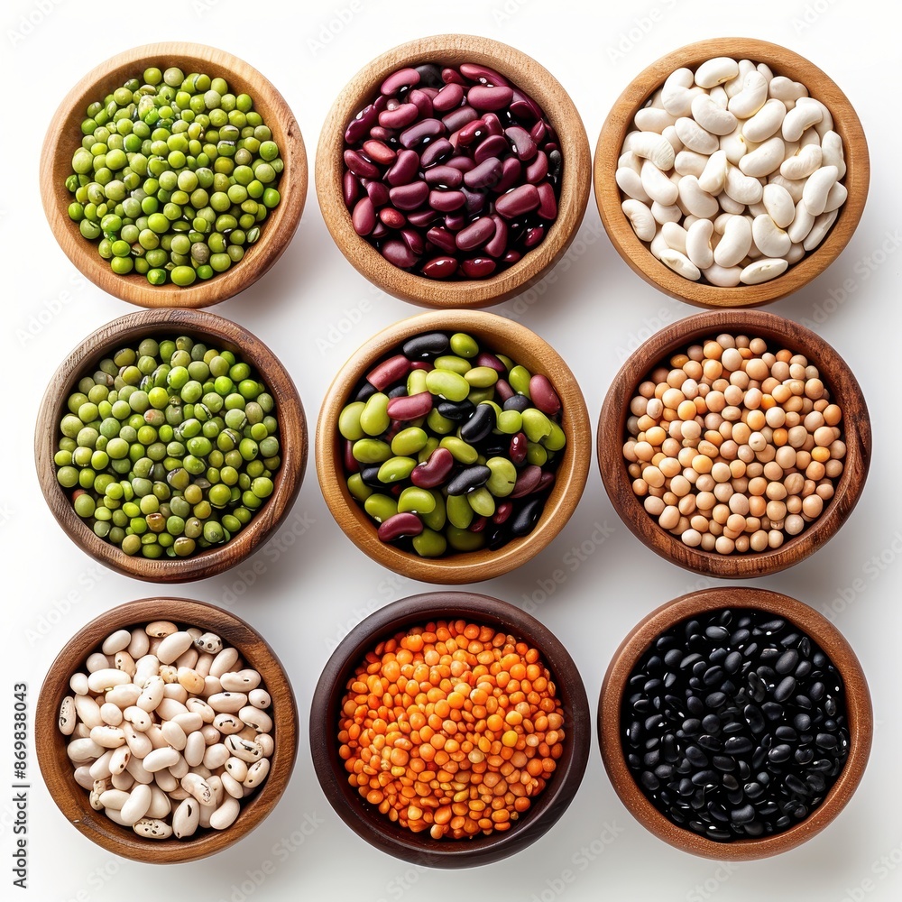 Assorted Beans and Lentils in Wooden Bowls Assorted Beans and Lentils in Wooden Bowls