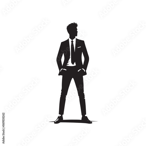 Man in jacket standing with hand in his pocket, side view, isolated vector silhouette