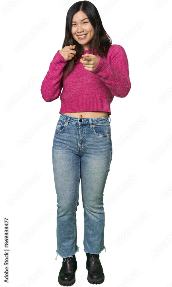 Full-body young Chinese woman pointing to front with fingers. Full-body young Chinese woman pointing to front with fingers.