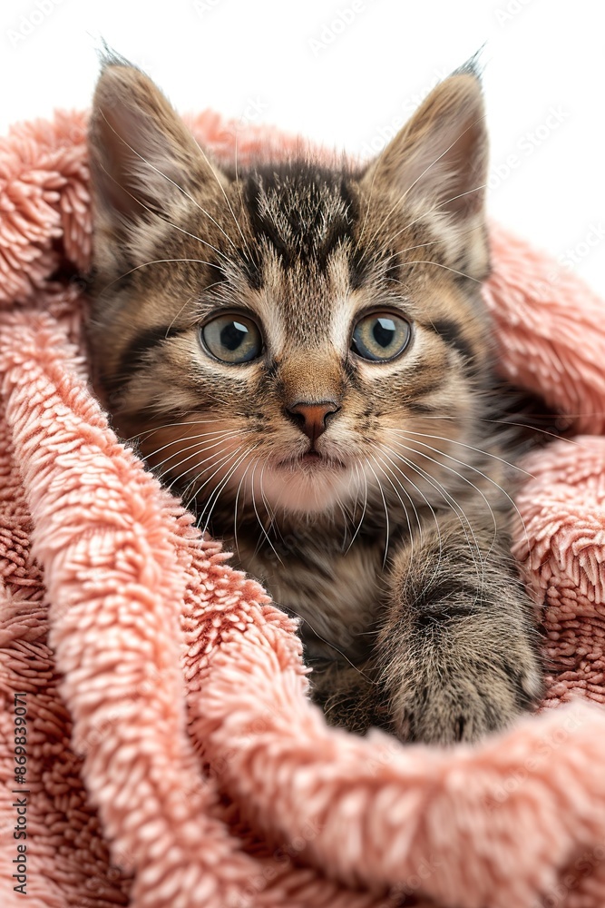Naklejka premium A kitten wrapped in a soft towel in a bundle of cuteness. Kitten with curious eyes curled up in the comfort of the towel.