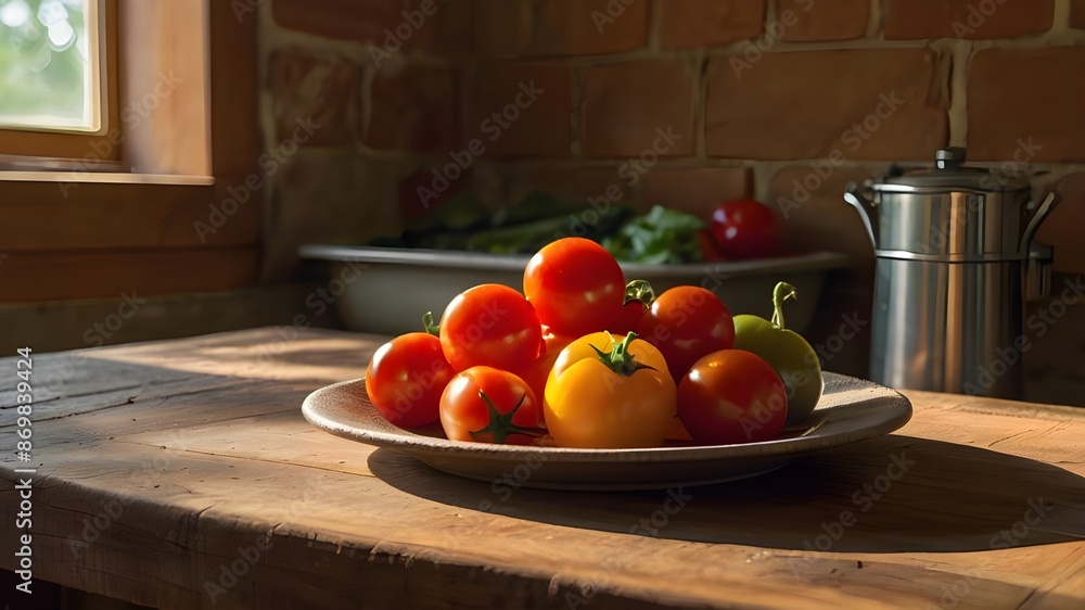 A cinematic photograph of a rustic, wooden table set against a warm, earthy backdrop, featuring a plate that's half-filled with a vibrant, colorful medley of farm-fresh vegetables Generative AI A cinematic photograph of a rustic, wooden table set against a warm, earthy backdrop, featuring a plate that's half-filled with a vibrant, colorful medley of farm-fresh vegetables Generative AI