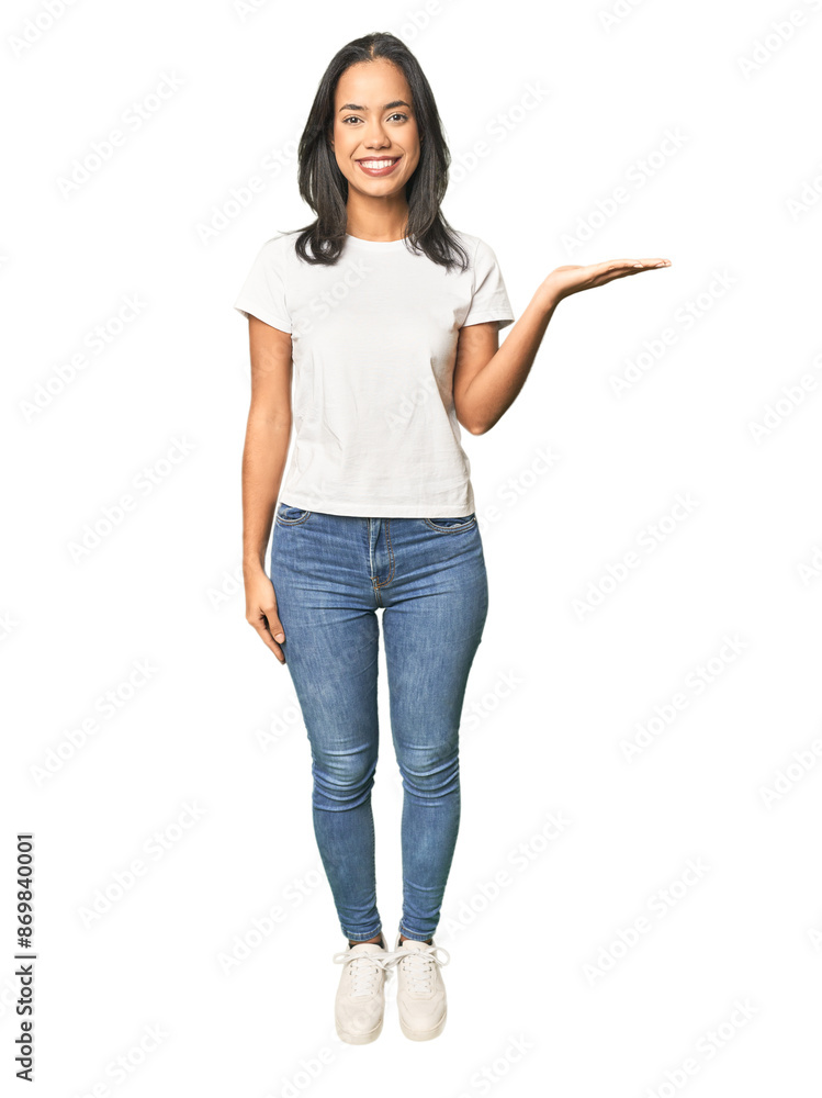 Full body shot of Latina in studio showing a copy space on a palm and holding another hand on waist. Full body shot of Latina in studio showing a copy space on a palm and holding another hand on waist.
