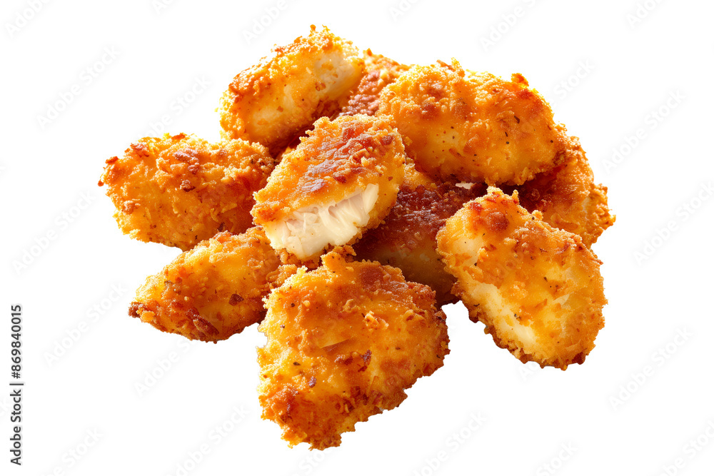 Closeup of golden and crispy Panko Chicken Nuggets isolated on a white transparent background. Closeup of golden and crispy Panko Chicken Nuggets isolated on a white transparent background.