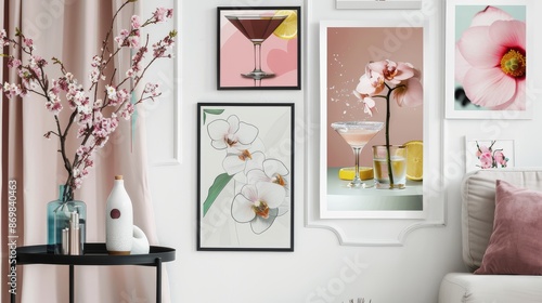 An elegantly curated modern wall art display featuring an array of floral prints and sophisticated drink illustrations, adding a touch of artistic charm to any space. photo
