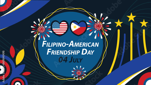 Filipino-American Friendship Day  vector banner design with geometric shapes and vibrant colors on a horizontal background. Happy Filipino-American Friendship Day modern minimal poster.