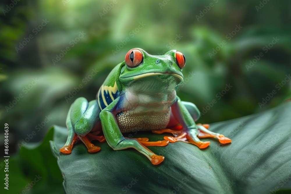 Fototapeta premium Full body view of American Green Tree Frog on leave in natural habitat, full body shot, full body View