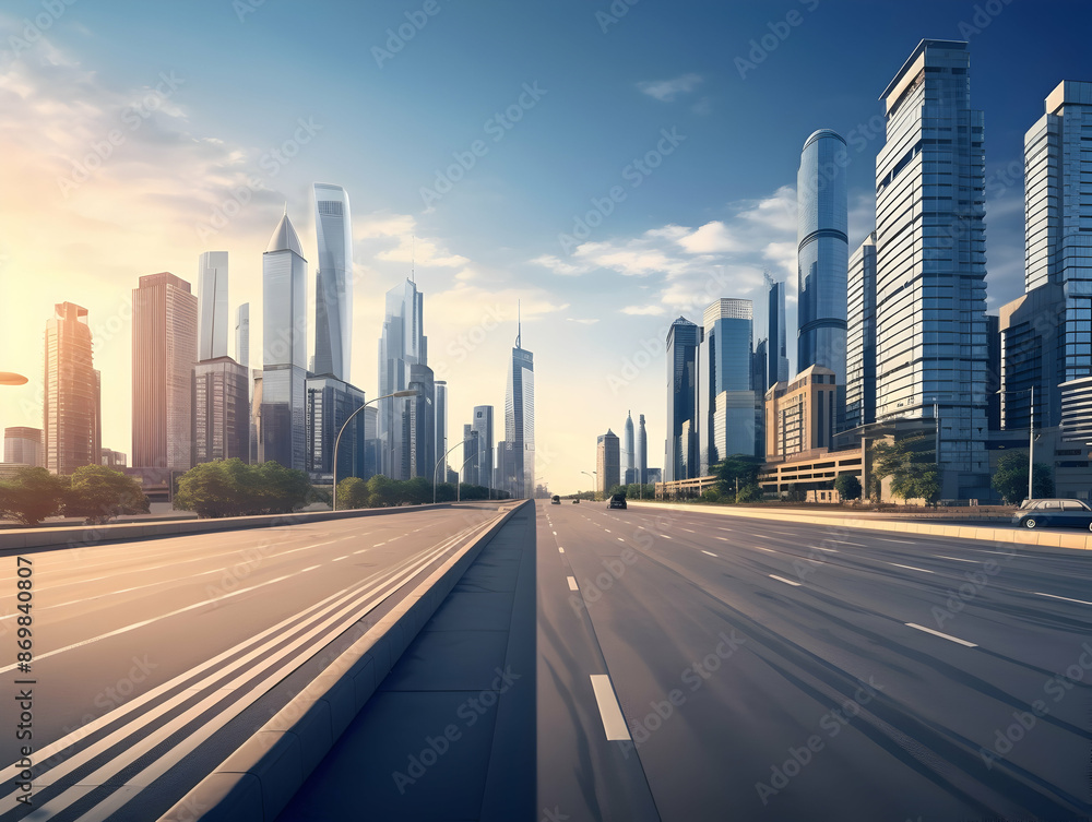 Fototapeta premium City square and skyline with modern buildings scenery, Aerial view of a business city and commercial area building, high rise building for business environment