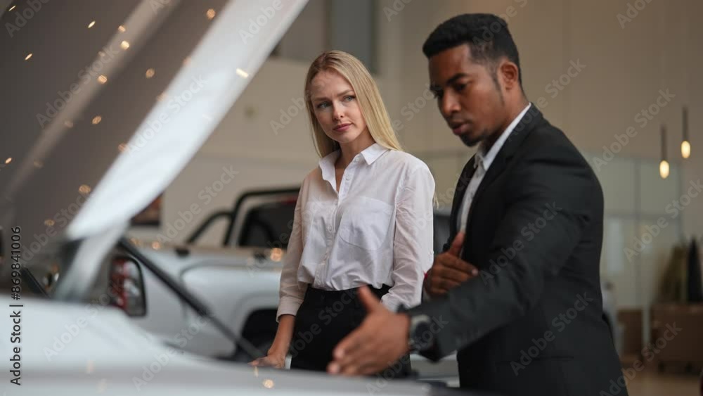 African salesman standing near luxury car with open hood and providing details review for blonde female customer at salon. Businesswoman choosing vehicle at modern showroom with help of manager. African salesman standing near luxury car with open hood and providing details review for blonde female customer at salon. Businesswoman choosing vehicle at modern showroom with help of manager.