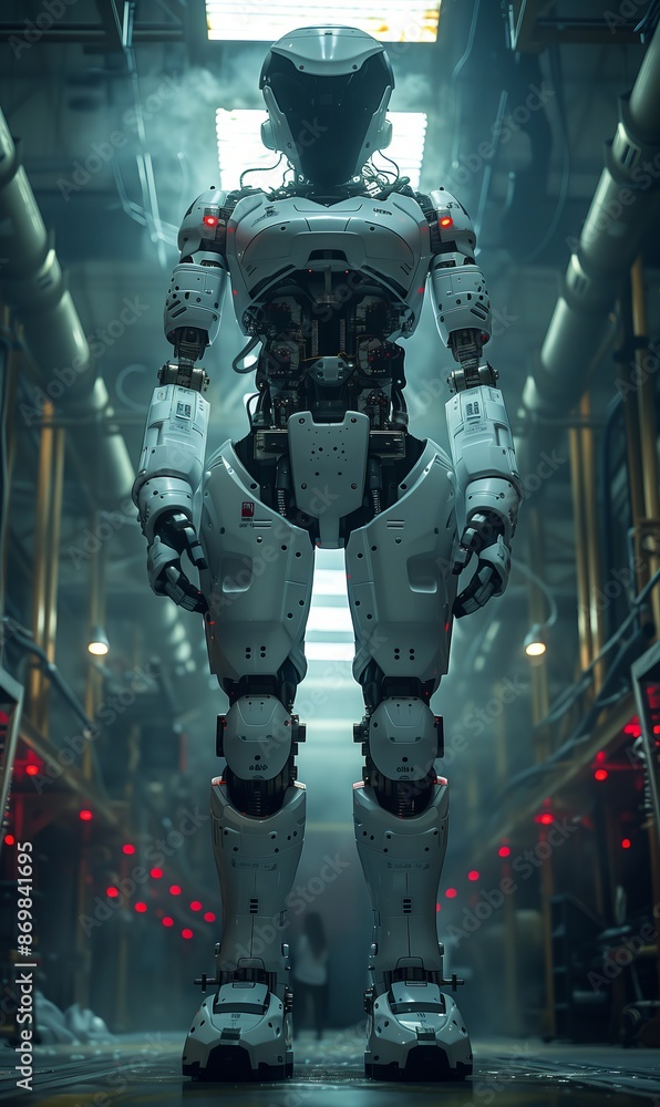 One white robot standing in full height with futuristic hall on background. Image related to maintenance, repair, support, diagnostics.
One white robot standing in full height with futuristic hall on background. Image related to maintenance, repair, support, diagnostics.