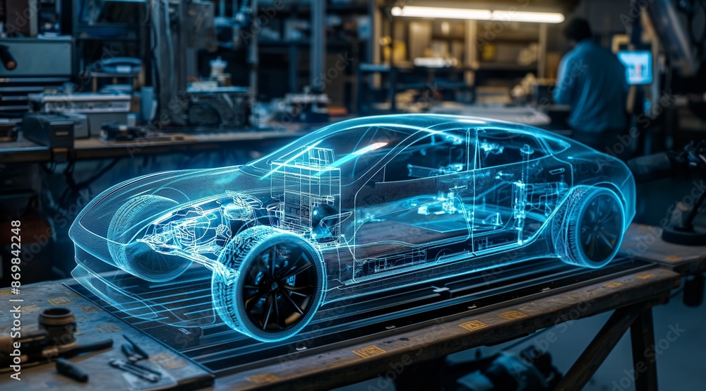 Glowing blue neon car model in an auto repair shop. Holographic Model of a machine with transparent blue units and systems, mechanisms Glowing blue neon car model in an auto repair shop. Holographic Model of a machine with transparent blue units and systems, mechanisms