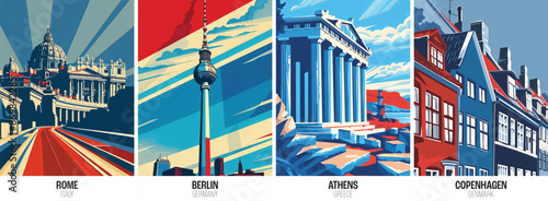 Set of european city posters including rome berlin athens copenhagen