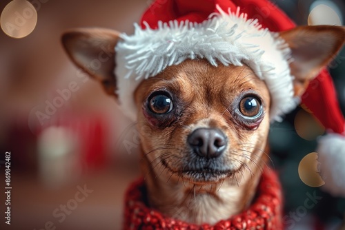 Adorable wallpaper or background of young funny looking dog dressed up as santa in christmas card photo shoot on red background. Space for text