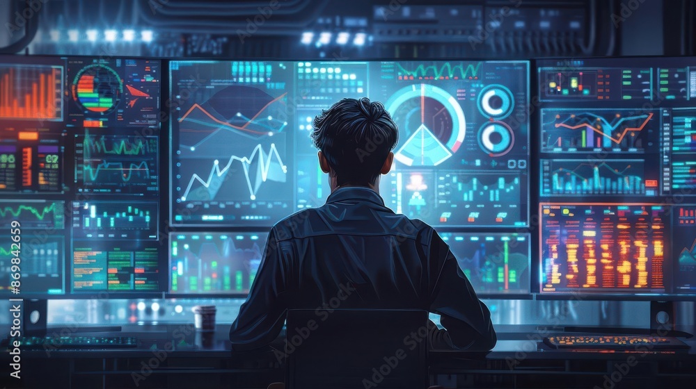 Analyst monitors multiple data screens displaying charts, graphs, and analytics in a high-tech financial control room. Analyst monitors multiple data screens displaying charts, graphs, and analytics in a high-tech financial control room.