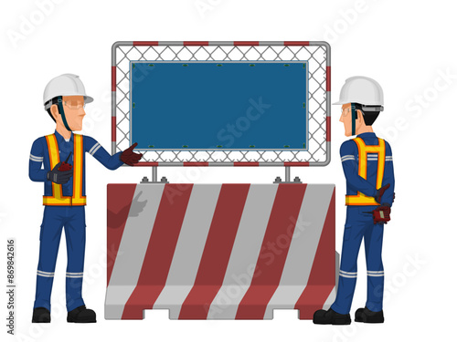 A worker is presenting blank sign on the barrier