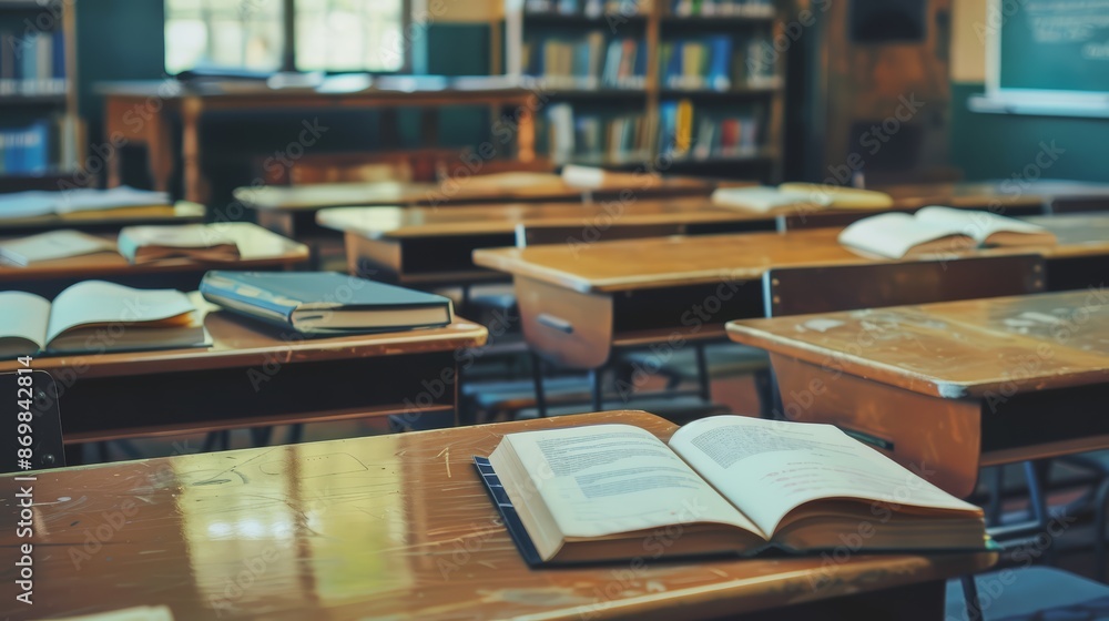 Fototapeta premium A classroom setting with textbooks open on desks