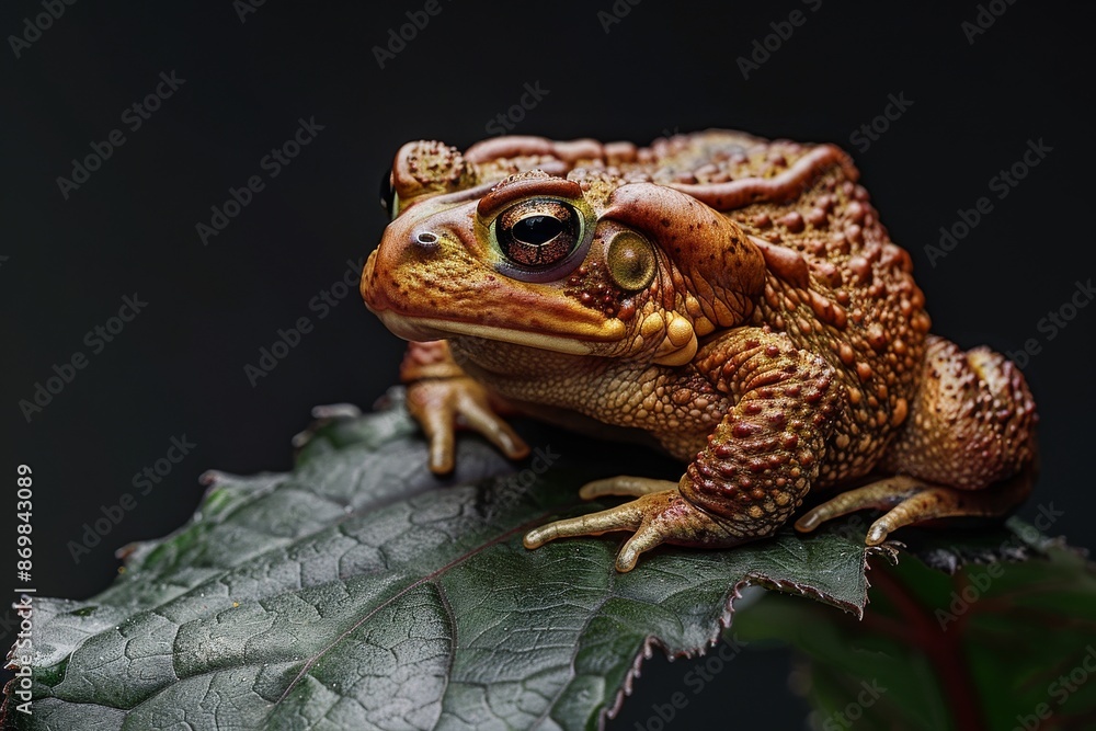 Mystic portrait of Common Toad on leave, full body view, isolated on black background Mystic portrait of Common Toad on leave, full body view, isolated on black background