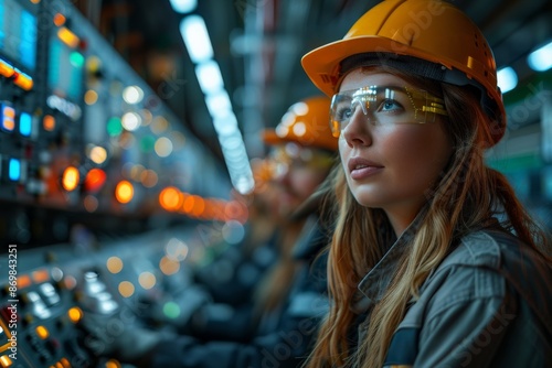 A dedicated female engineer in safety gear focused on operating high-tech machinery control panel in an industrial facility settingIndustrial