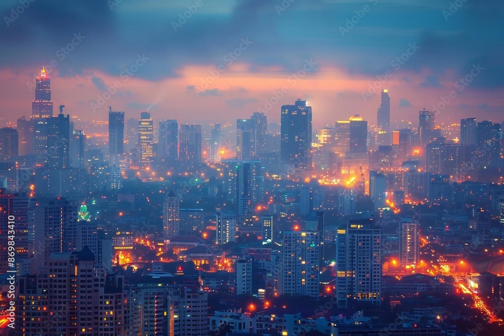 Fototapeta premium Golden sunlight casting light over a busy cityscape.