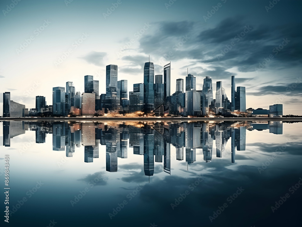 Fototapeta premium City square and skyline with modern buildings scenery, Aerial view of a business city and commercial area building, high rise building for business environment