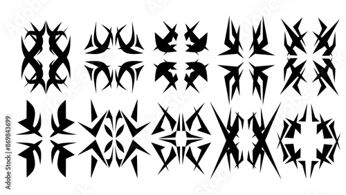 collection of neo tribal shapes with a stiff touch. Set of Symmetrical Tribal Pattern Cyber ​​Gothic Elements in Abstract White black Print for t-shirt, hoodie and sweatshirt or card