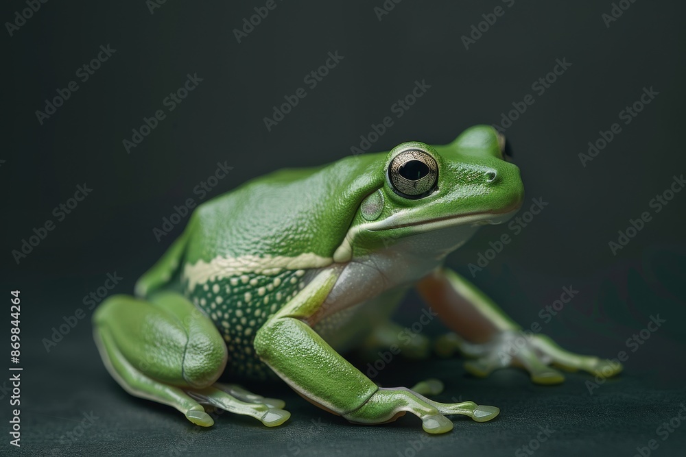 the beside view American Green Tree Frog, left side view, white copy space on right, isolated on black background the beside view American Green Tree Frog, left side view, white copy space on right, isolated on black background