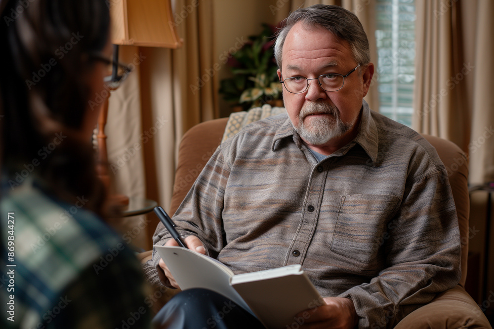 closeup portrait-style photo capturing a counselor with a notebook and pen, jotting down important points as they listen to the patient. The counselor's focused expression and the closeup portrait-style photo capturing a counselor with a notebook and pen, jotting down important points as they listen to the patient. The counselor's focused expression and the