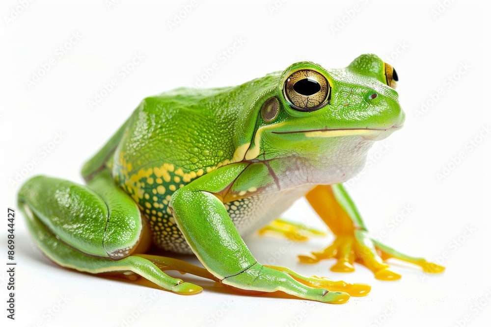 the beside view American Green Tree Frog, left side view, white copy space on right, isolated on white background the beside view American Green Tree Frog, left side view, white copy space on right, isolated on white background