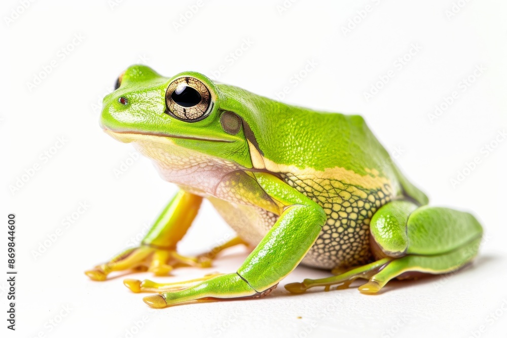 Obraz premium the beside view American Green Tree Frog, left side view, white copy space on right, dutch angle view, isolated on white background