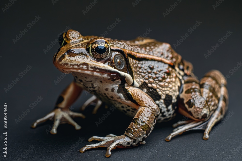 the beside view Common Frog, left side view, white copy space on right, isolated on black background the beside view Common Frog, left side view, white copy space on right, isolated on black background